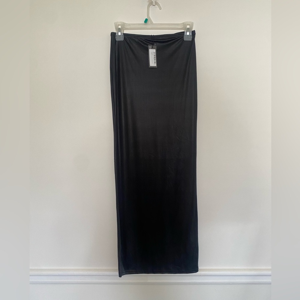 New with tags PLT black shape high shine maxi skirt